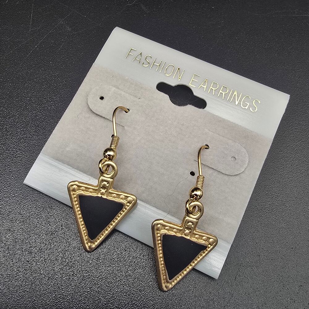 Black Gold Tone Triangle Earrings Vintage 1990s NOS On Card - Picture 4 of 8